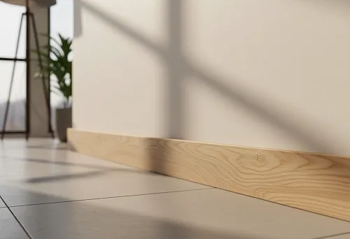 Light oak wooden baseboard along the wall with tile flooring in a modern interior, soft sunlight accentuates the wood grain