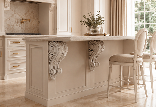 How to design the overhang of a kitchen island countertop: decorative bracket KRPU-005 made of polyurethane as an architectural accent