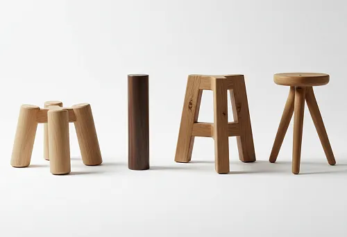 Collection of stool legs made of oak and beech with various shapes