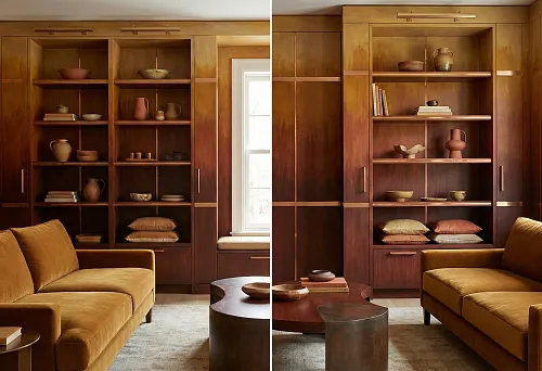 interior with wooden shelving in warm mahogany and ochre shades, with gradient coloring and metallic accents