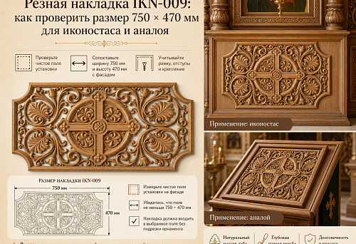 Carved wooden overlay IKN-009, 750 &times; 470 mm, in iconostasis decoration