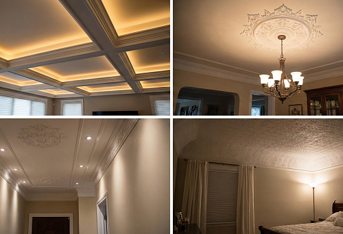 Ceilings as the fifth wall &mdash; a collage of interiors with stucco: a coffered ceiling with contour lighting, a ceiling rosette for a chandelier, a hallway with spots, and a bedroom with soft diffused light