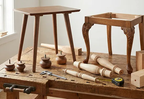 Wooden Furniture Legs on a Workbench: Turned and Carved Supports of Various Shapes