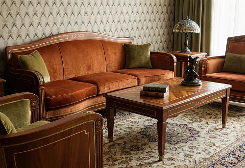 Classic furniture 2026 in the living room: art deco sofa and armchairs with terracotta velvet upholstery