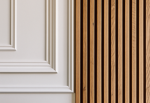 Modern Wall with Wooden Slats and Polyurethane Molding