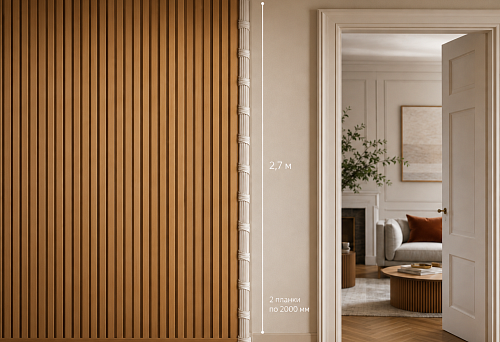 Right carved molding KPU-094R 24 &times; 12 &times; 2000 mm at the edge of the slatted wall by the door