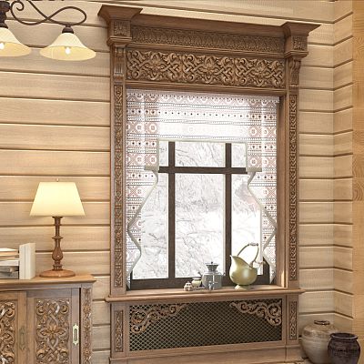 Carved bracket KR-030 для декора в русском стиле, интерьерное фото с деревянным декором