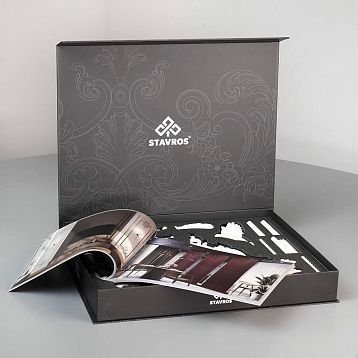 Showcase of molded decor SOPU-001 STAVROS with branded box, catalog and polyurethane samples