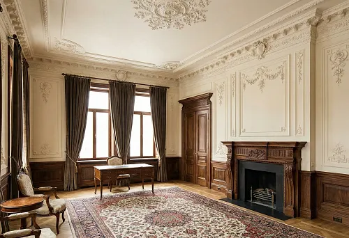 Stucco decor and wooden moldings in classic style: wall panels, moldings, cornices, and fireplace portals