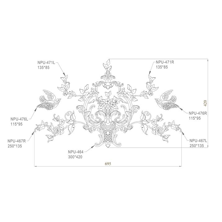 Molding Decor Set CPU-047 made of STAVROS polyurethane with Baroque scrolls, floral motifs, and winged figures for facade and interior decoration