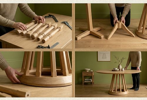 Wooden table base for round table in dining room interior
