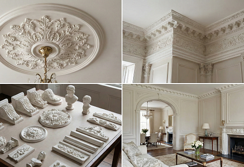 Cornices and friezes: stucco decor along the ceiling perimeter, corner elements and classic ornament