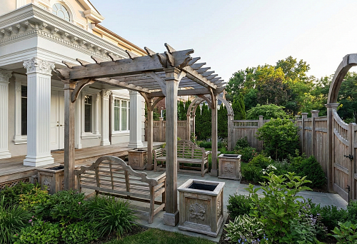 Polyurethane stucco on the house facade and a wooden pergola: a unified style for the property