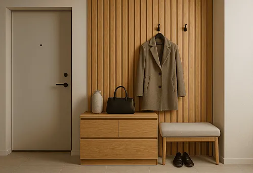 Hallway with decorative MDF oak rails behind coat rack and cabinet