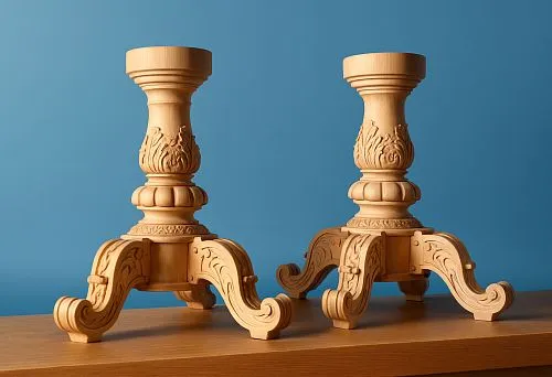 Kitchen bases made of solid wood with carving and thick curved legs against a blue wall