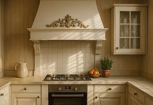 Modern Kitchen-Dining Room with a Round Table, Soft Armchairs, and Wall Moldings in Sunlight