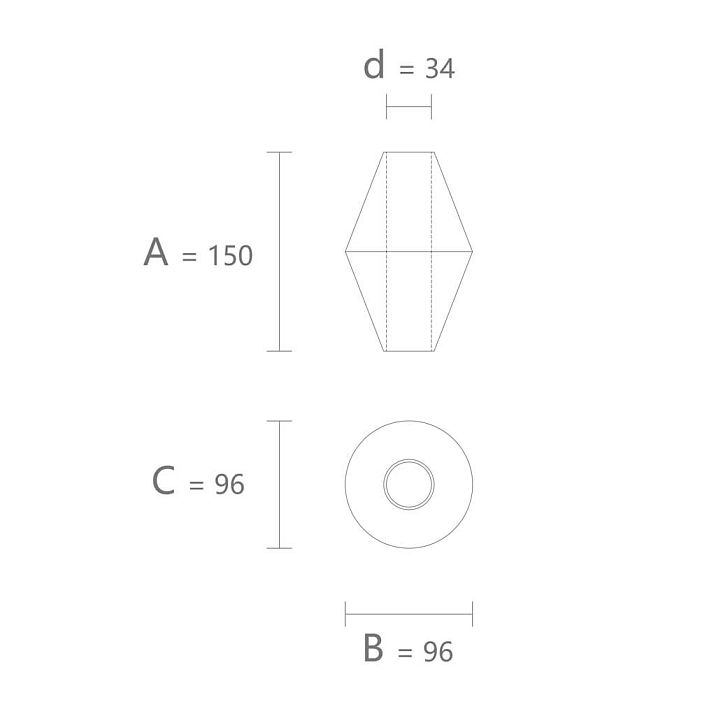 Drawing of geometric figure KN-008 size 150 &times; 96 &times; 96 mm with a 34 mm hole