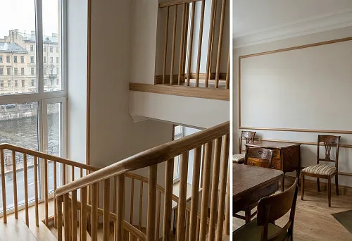 Round wooden molding 50 mm in interior: wooden railings and staircase fencing by a panoramic window