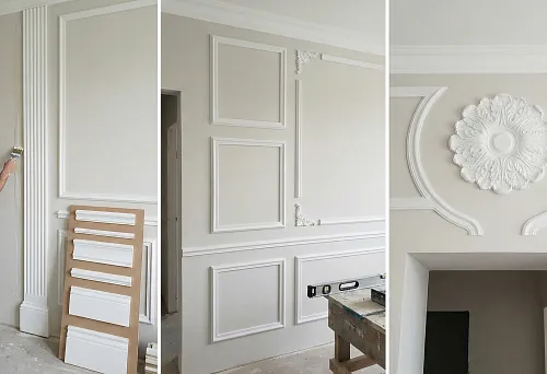 Wall decor with polyurethane stucco: a master paints a vertical molding and forms a wall panel, preparation for final painting