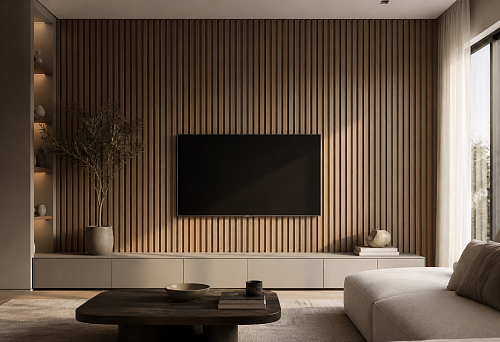 Wall slatted panels for interiors: types, materials, sizes, colors, and applications in living rooms, bedrooms, hallways, and commercial spaces.