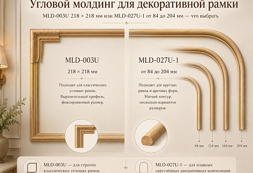 Corner moldings MLD-003U measuring 218 &times; 218 mm and MLD-027U-1 measuring from 84 to 204 mm for a decorative frame