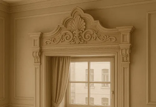 Sandrick Elements Above the Window in a Classic Interior