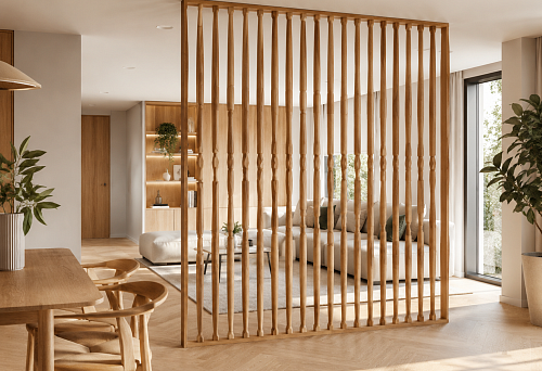 Wooden partition made of vertical posts for interior zoning