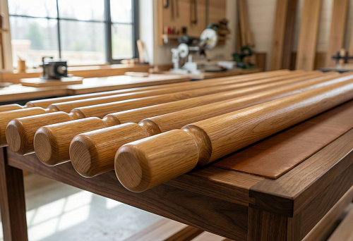 Solid round oak molding on the workbench: smooth sanded blanks for handrails, warm wood texture, carpentry workshop.
