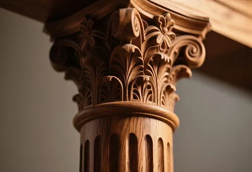Carved wooden pilaster with classic ornament in interior