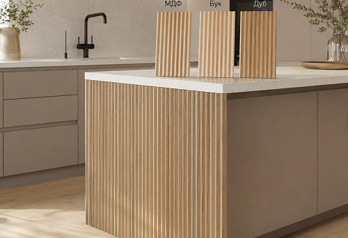 Sample OPAN-005 197&times;9&times;310 mm next to a quartz countertop and matte kitchen fronts