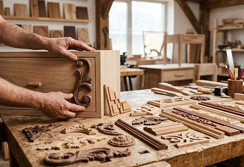 Wooden furniture overlays and decorative elements for facades