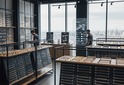 Showroom of furniture profile handles with a wide selection of models, display stands and large windows with a view of the city