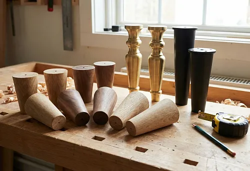 Tapered wooden sofa and cabinet legs laid out on a workbench