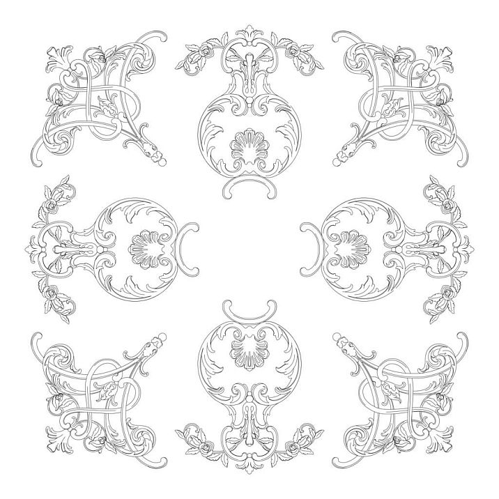 Assembly diagram of ceiling rosette R.VRS-001 from four elements N-507 and four N-508