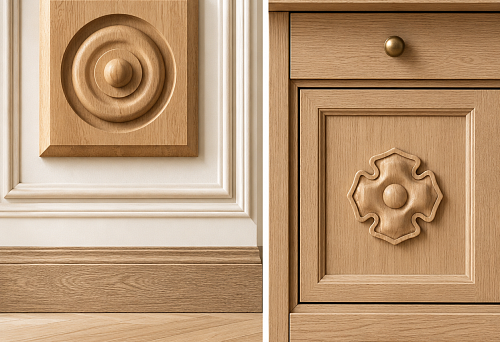 Wooden decorative rosettes R-012 and R-039 for furniture, doors, and walls
