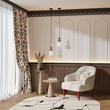 Carved pine architrave NL-14 with exquisite carving, used for decorating walls and arches in an elegant interior with white panels and chairs