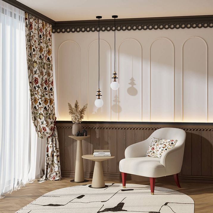 Carved pine architrave NL-14 with exquisite carving, used for decorating walls and arches in an elegant interior with white panels and chairs