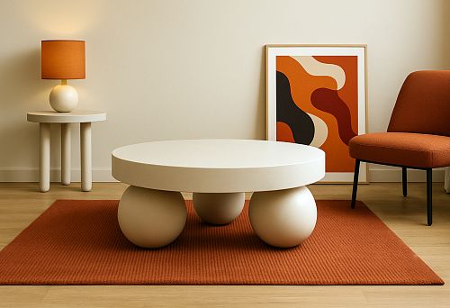Modern apartment interior with a designer round table on spherical legs, an orange rug, and minimalist decor
