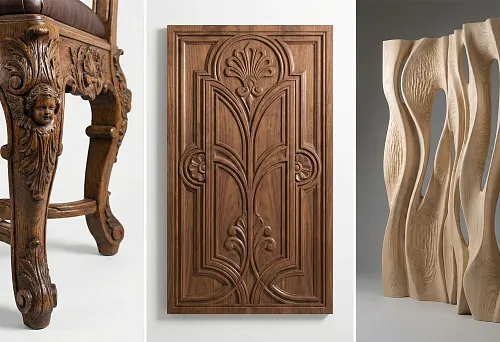 Artistic wood carving: close-up of a furniture leg detail with plant decor