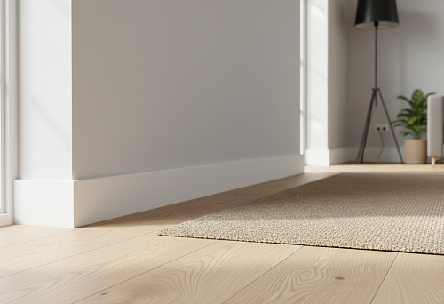 White wooden skirting board along the wall with oak parquet flooring in a light interior with soft daylight