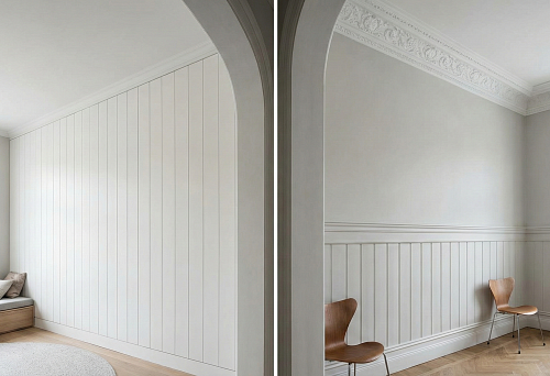 Bright room with tall wall panels and cornice visually increasing ceiling height