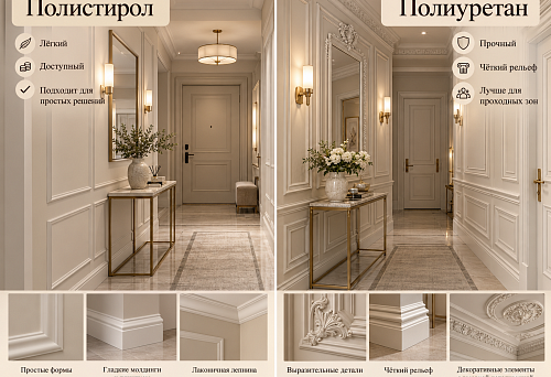Polystyrene or polyurethane for the hallway and corridor: which moldings and stucco are better to choose