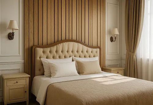 MDF Batten 2700x16x40 mm Behind the Bed in a Classic Bedroom Interior