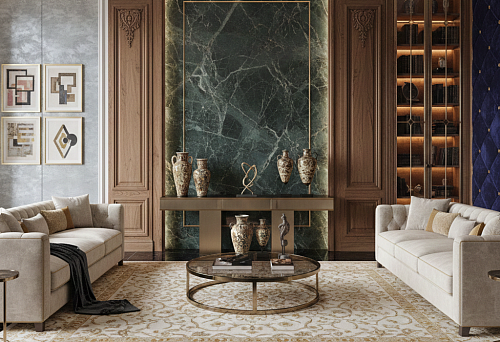 Status living room: wooden wall panels, large stone insert, and symmetrical furniture composition