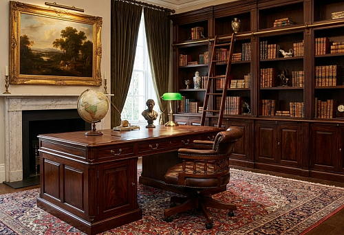 Classic study with library: wooden desk, leather armchair, and floor-to-ceiling bookshelves