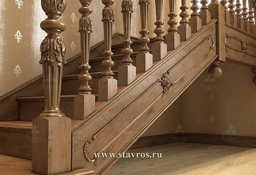 Turned wooden balusters with exquisite carving on a solid wood staircase