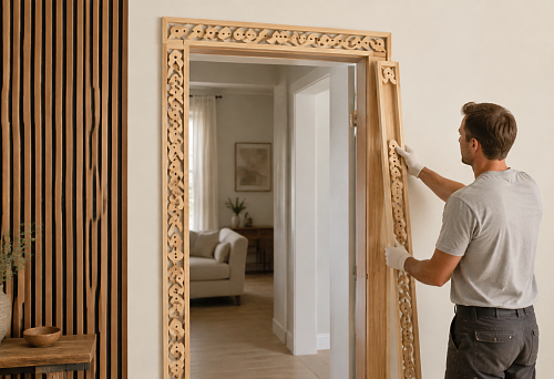 Door by the slatted wall, framed with NL-3 carved wooden casing