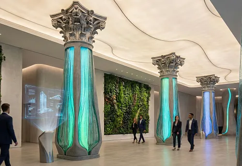 Futuristic columns with classical capitals and glowing pilasters in a modern interior of 2026.