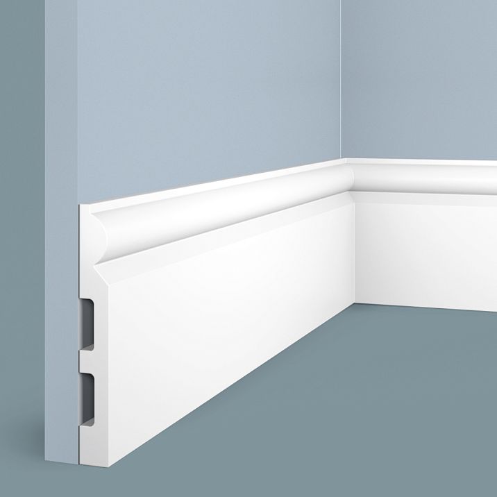 B140 floor skirting board from HI WOOD polystyrene, absolutely record-breaking maximum height of 140 mm and thickness of 17.5 mm, with smooth minimalist white surface