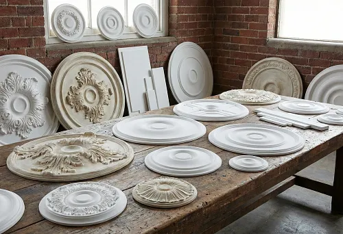 Polyurethane rosettes: ceiling medallions of different diameters for chandelier on table